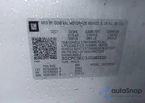 2018 Chevrolet Silverado 1500 1Lz z USA, uszkodzony, nr VIN 3GCPCSEC3JG283110